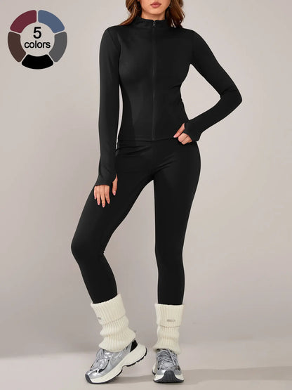 Women’s Sportswear Set – Long Sleeve Zip Jacket & Tight-Fit Gym Pants