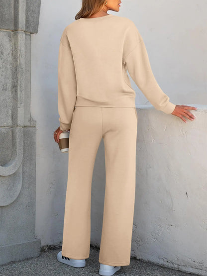 Women’s Casual 2-Piece Tracksuit – Long Sleeve Sports Top & Wide-Leg Pants