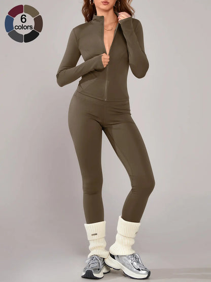 Women’s Sportswear Set – Long Sleeve Zip Jacket & Tight-Fit Gym Pants