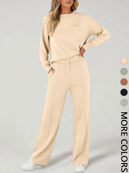 Women’s Casual 2-Piece Tracksuit – Long Sleeve Sports Top & Wide-Leg Pants