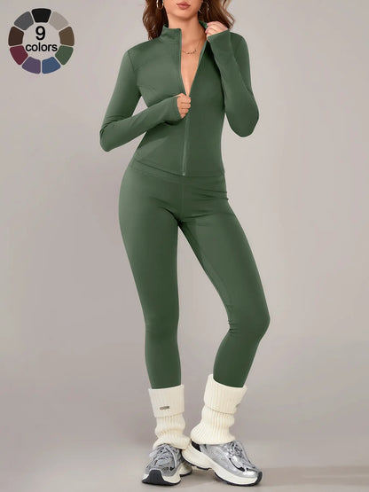 Women’s Sportswear Set – Long Sleeve Zip Jacket & Tight-Fit Gym Pants