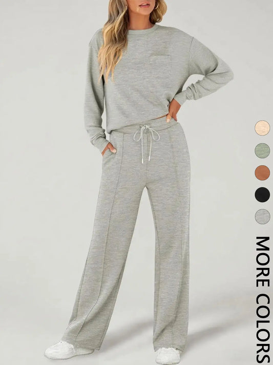 Women’s Casual 2-Piece Tracksuit – Long Sleeve Sports Top & Wide-Leg Pants
