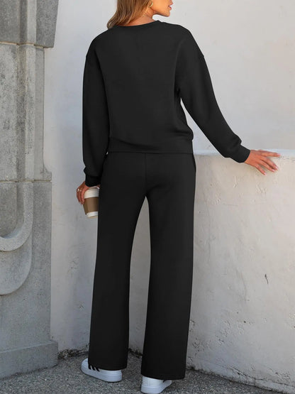 Women’s Casual 2-Piece Tracksuit – Long Sleeve Sports Top & Wide-Leg Pants