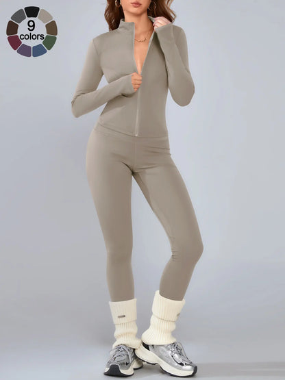 Women’s Sportswear Set – Long Sleeve Zip Jacket & Tight-Fit Gym Pants