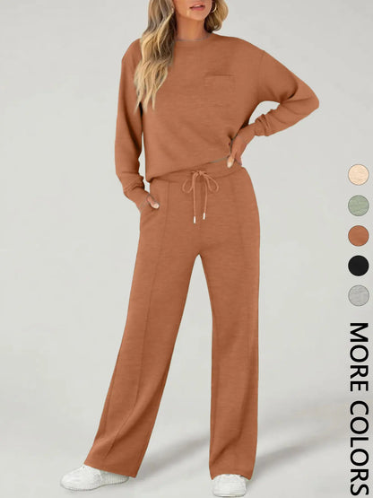 Women’s Casual 2-Piece Tracksuit – Long Sleeve Sports Top & Wide-Leg Pants